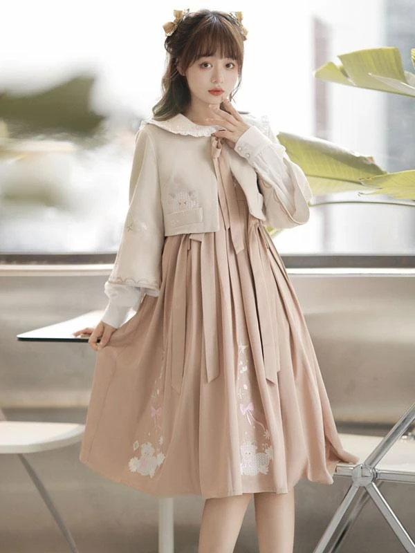 Sweet Lolita Outfits Pink Embroidered Bows Long Sleeves Overcoat Jumper - Image 2