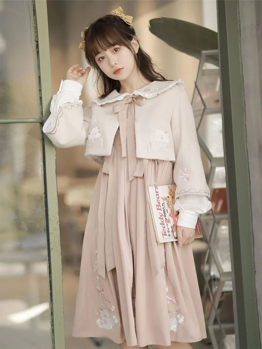 Sweet Lolita Outfits Pink Embroidered Bows Long Sleeves Overcoat Jumper - Image 3