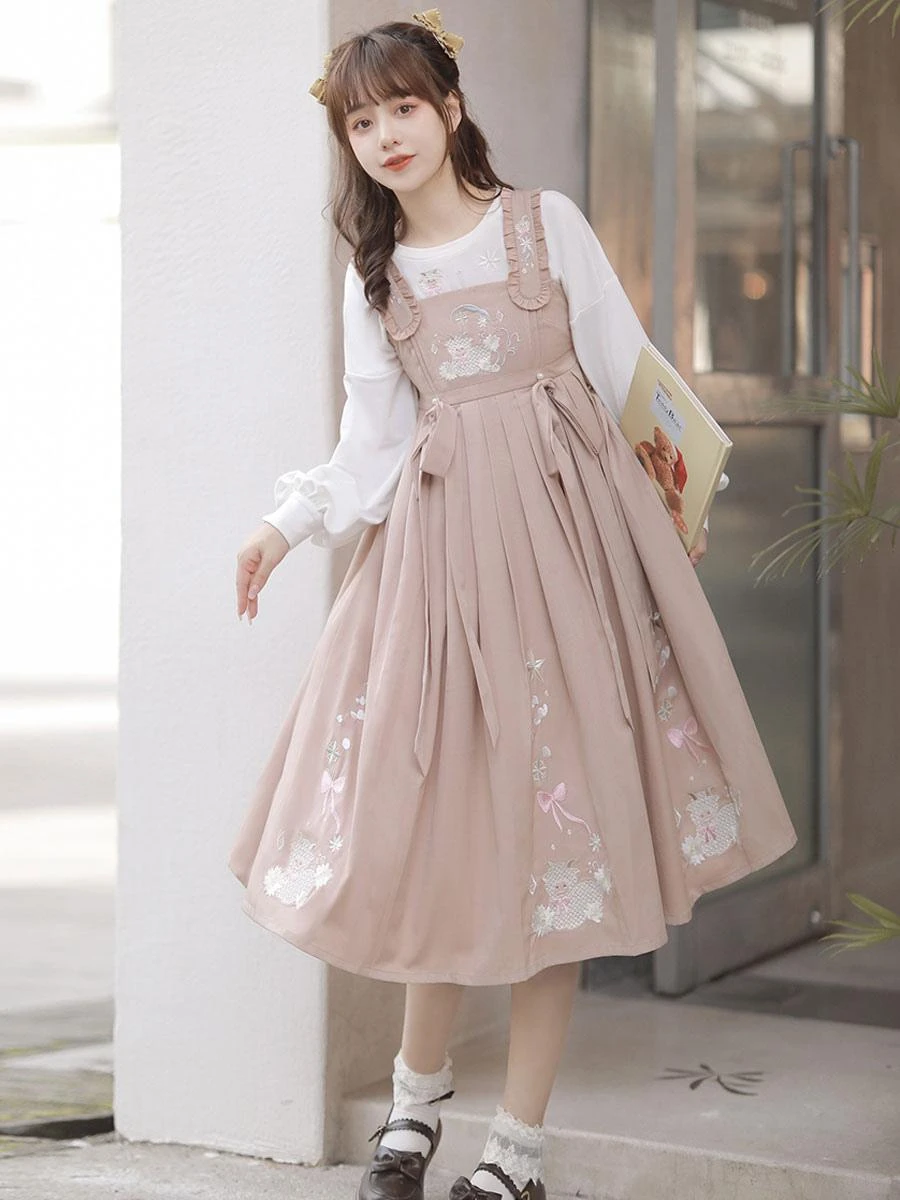 Sweet Lolita Outfits Pink Embroidered Bows Long Sleeves Overcoat Jumper - Image 5
