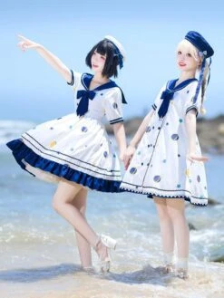 【Straight Skirt】Sweet Lolita Dress Polyester Short Sleeves Navy Style Dress Lolita Dress