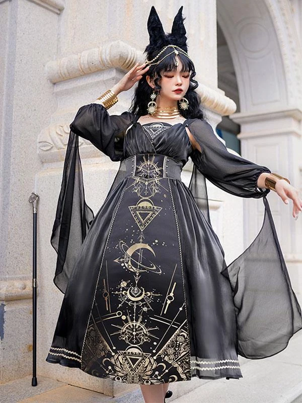 Classical Lolita Dress Polyester Long Sleeves Lolita Dresses Black Gold - Image 2