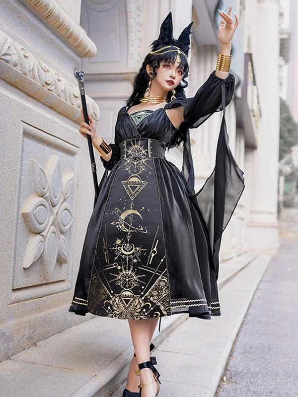 Classical Lolita Dress Polyester Long Sleeves Lolita Dresses Black Gold - Image 3