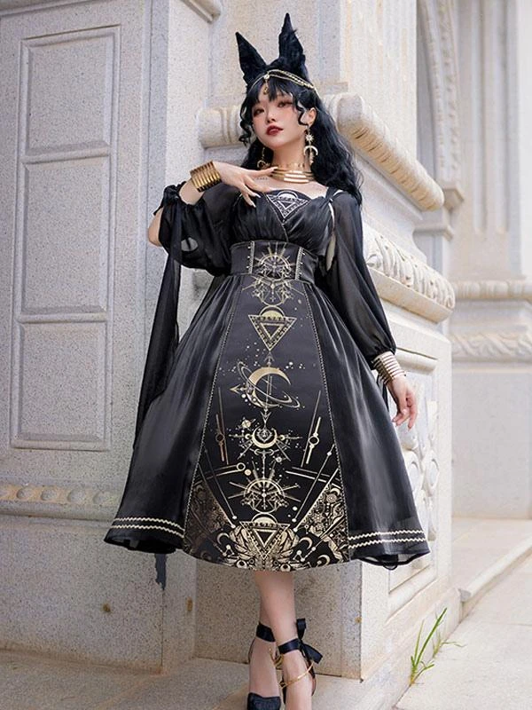 Classical Lolita Dress Polyester Long Sleeves Lolita Dresses Black Gold - Image 4