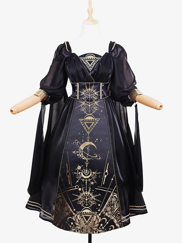 Classical Lolita Dress Polyester Long Sleeves Lolita Dresses Black Gold - Image 5