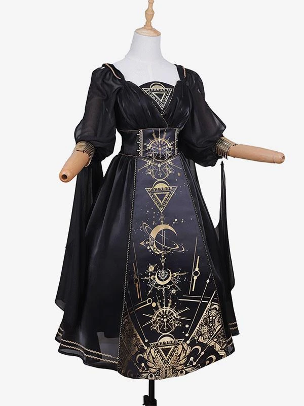 Classical Lolita Dress Polyester Long Sleeves Lolita Dresses Black Gold - Image 7