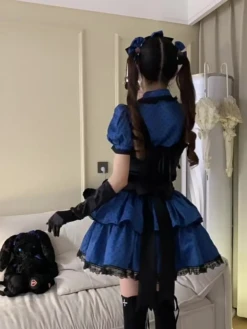 Idol clothes Lolita Outfits Blue Ruffles Polka Dot Short Sleeves Top Skirt Adjustable Elastic
