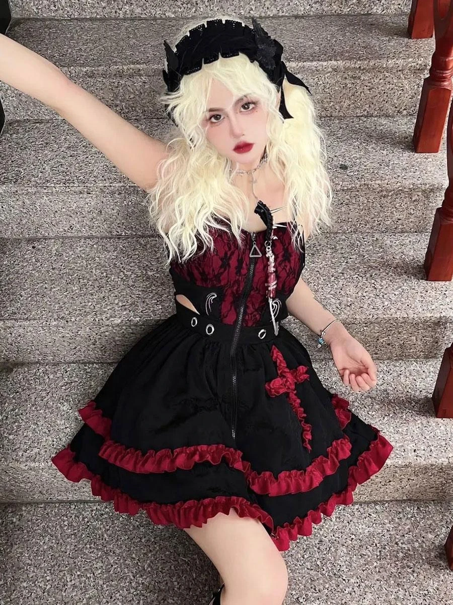 Gothic Lolita Dresses Grommets Lace Red Red - Image 3
