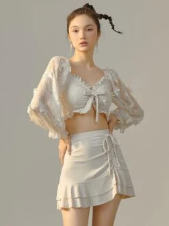 Sweet Lolita Outfits Ecru White Ruffles Butterfly Long Sleeves Top Pants