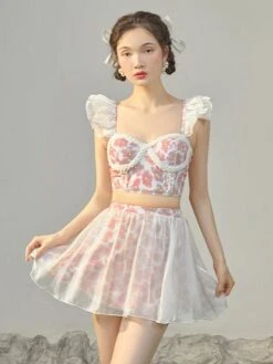 Sweet Lolita Outfits Pink Ruffles Floral Print Sleeveless Top Pants