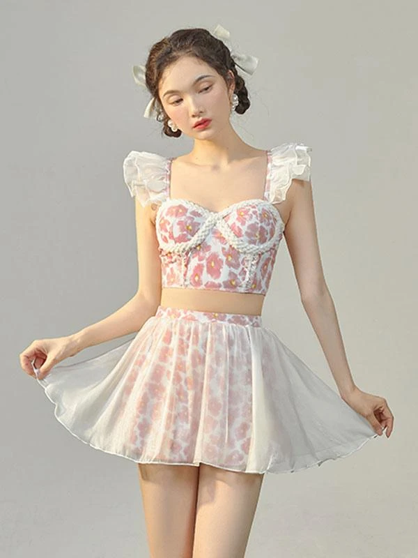 Sweet Lolita Outfits Pink Ruffles Floral Print Sleeveless Top Pants - Image 2