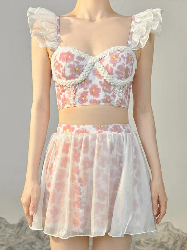 Sweet Lolita Outfits Pink Ruffles Floral Print Sleeveless Top Pants - Image 5