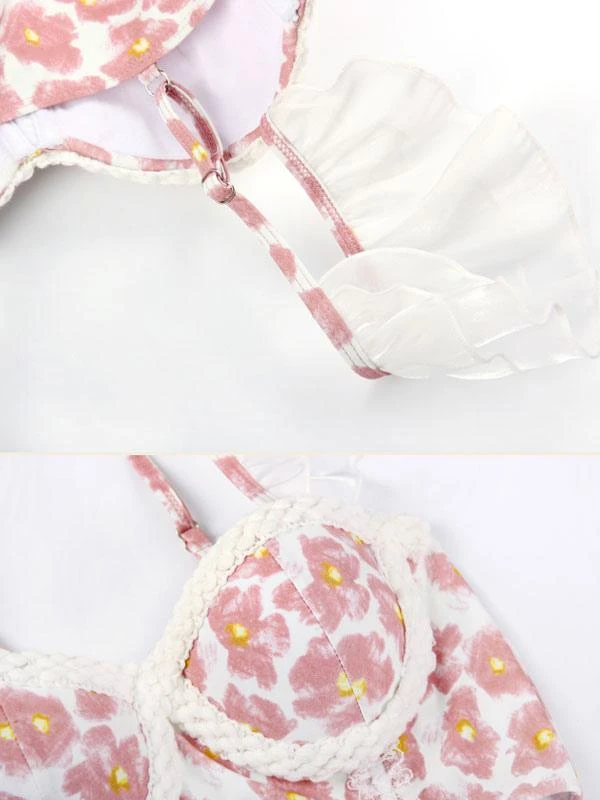 Sweet Lolita Outfits Pink Ruffles Floral Print Sleeveless Top Pants - Image 6