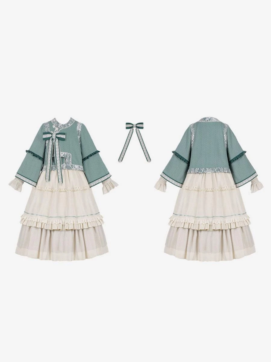 Chinese Style Lolita Outfits Light Green Bow Lace Lace Long Sleeves Skirt Top - Image 9