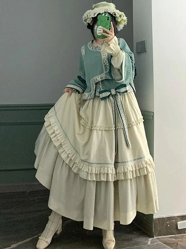 Chinese Style Lolita Outfits Light Green Bow Lace Lace Long Sleeves Skirt Top - Image 8