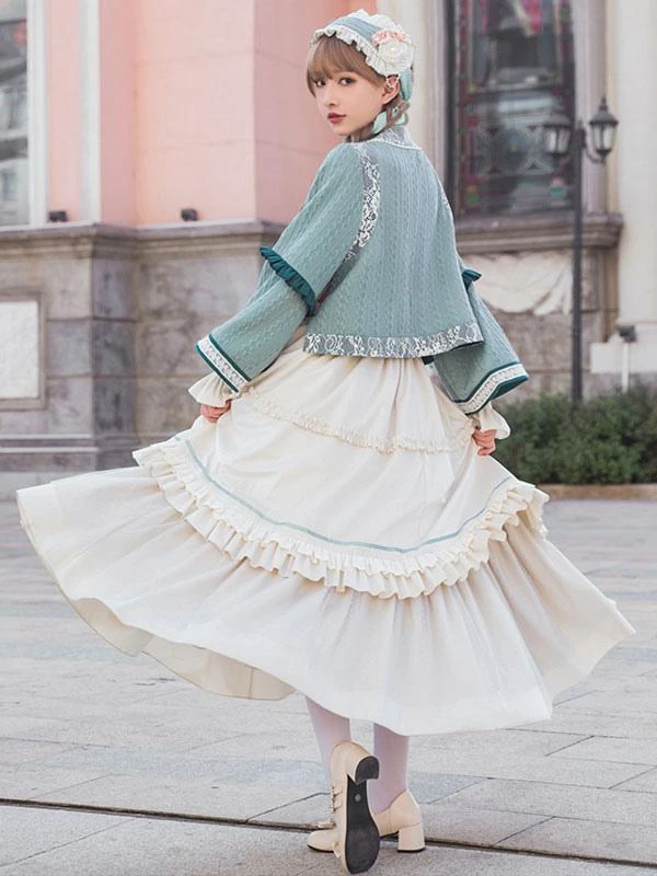 Chinese Style Lolita Outfits Light Green Bow Lace Lace Long Sleeves Skirt Top - Image 7