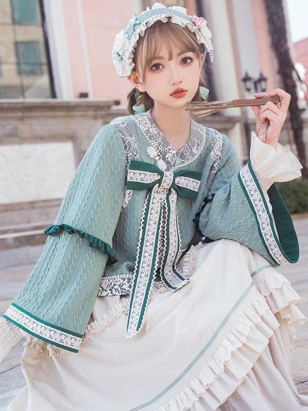 Chinese Style Lolita Outfits Light Green Bow Lace Lace Long Sleeves Skirt Top - Image 6