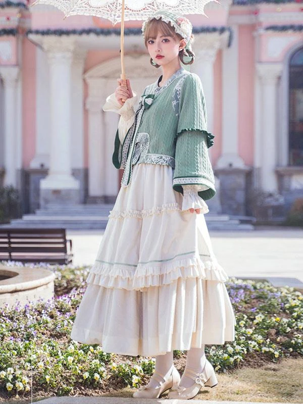 Chinese Style Lolita Outfits Light Green Bow Lace Lace Long Sleeves Skirt Top - Image 5