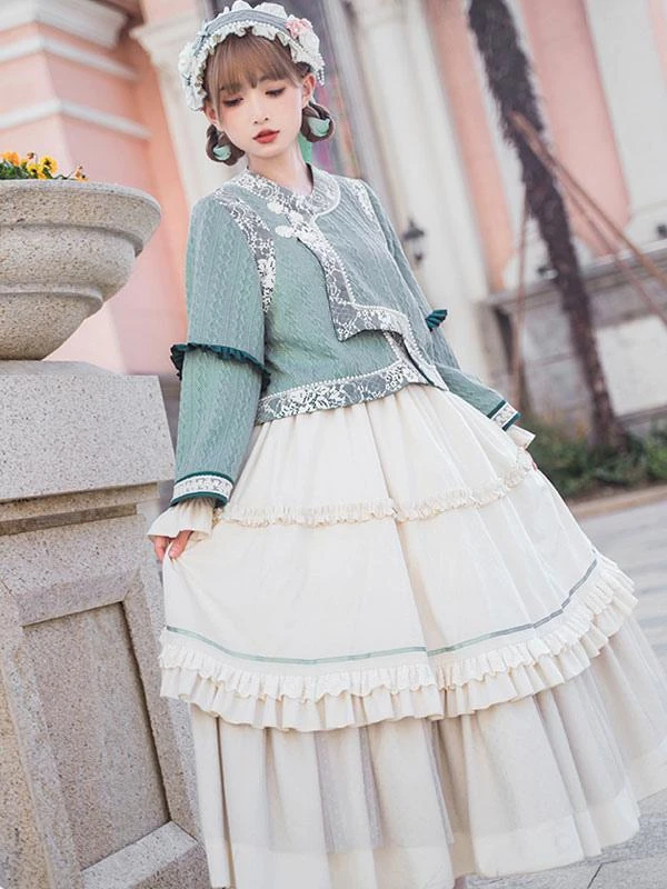 Chinese Style Lolita Outfits Light Green Bow Lace Lace Long Sleeves Skirt Top - Image 4