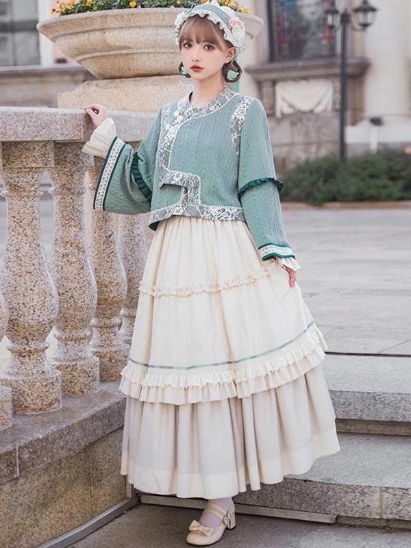 Chinese Style Lolita Outfits Light Green Bow Lace Lace Long Sleeves Skirt Top - Image 3