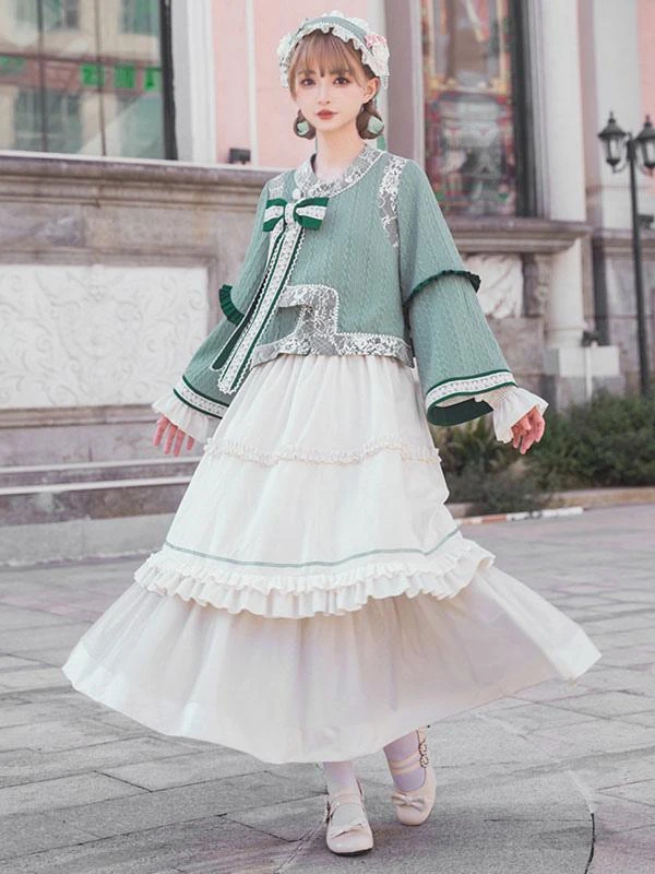 Chinese Style Lolita Outfits Light Green Bow Lace Lace Long Sleeves Skirt Top - Image 2