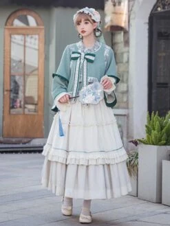 Chinese Style Lolita Outfits Light Green Bow Lace Lace Long Sleeves Skirt Top
