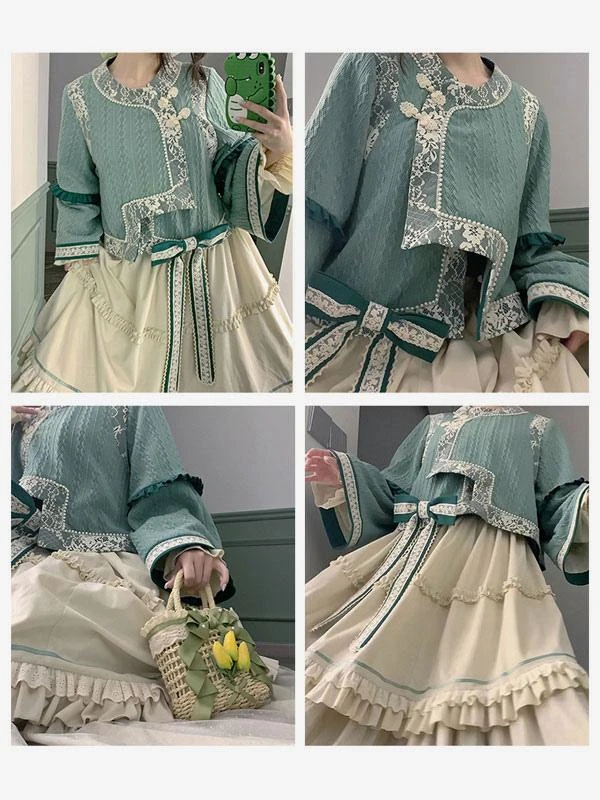 Chinese Style Lolita Outfits Light Green Bow Lace Lace Long Sleeves Skirt Top - Image 10