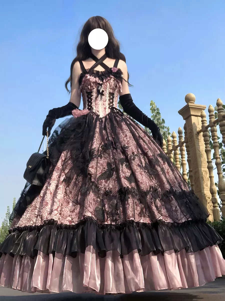 Gothic Lolita Wedding Dresses Ruffles Flowers Floral Print Pink Pink - Image 3