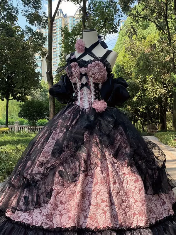 Gothic Lolita Wedding Dresses Ruffles Flowers Floral Print Pink Pink - Image 2
