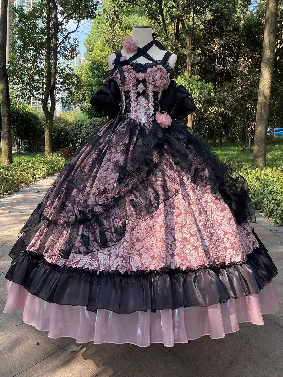 Gothic Lolita Wedding Dresses Ruffles Flowers Floral Print Pink Pink