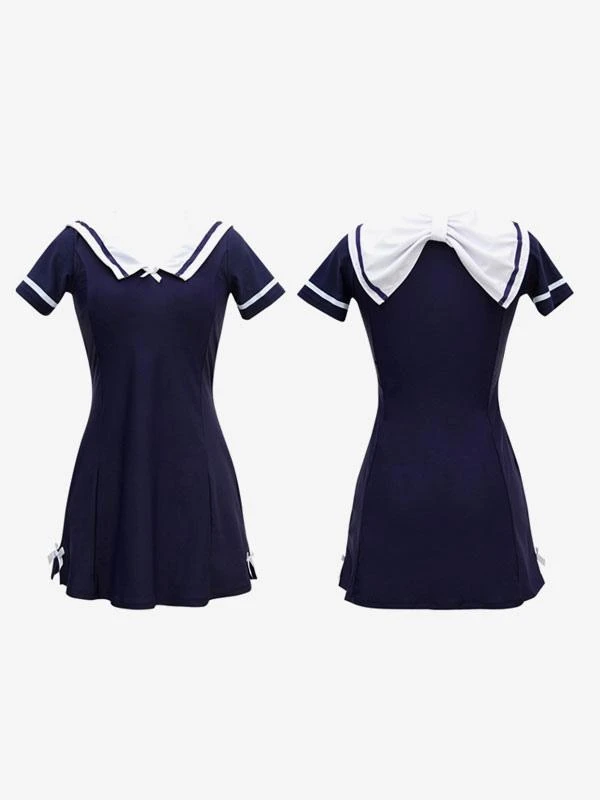 Academic Lolita Swimsuits Deep Blue Bows Short Sleeves Dress Pants - Image 6
