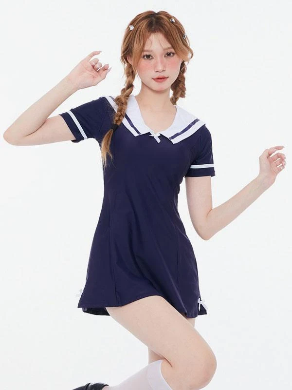 Academic Lolita Swimsuits Deep Blue Bows Short Sleeves Dress Pants - Image 3