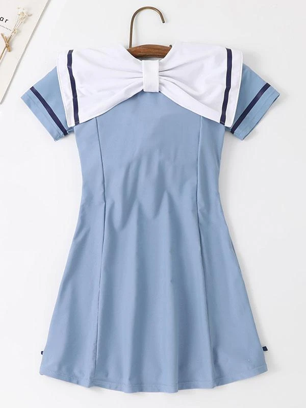 Academic Lolita Swimsuits Deep Blue Bows Short Sleeves Dress Pants - Image 5