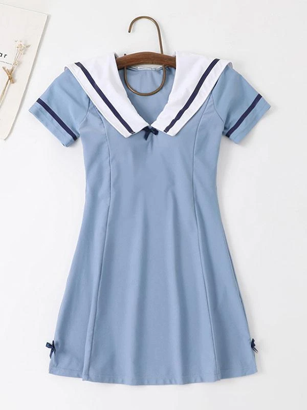 Academic Lolita Swimsuits Deep Blue Bows Short Sleeves Dress Pants - Image 4