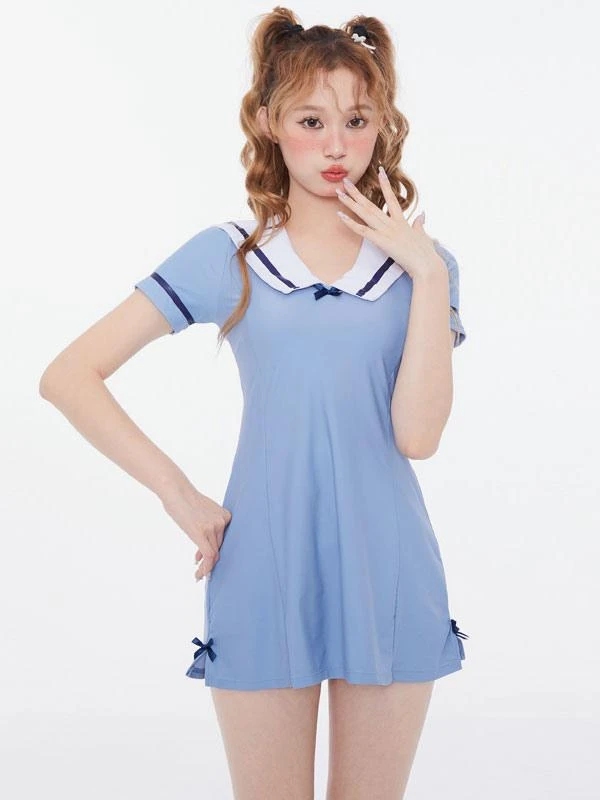 Academic Lolita Swimsuits Deep Blue Bows Short Sleeves Dress Pants