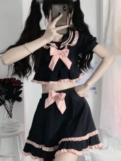 Navy Style Lolita Swimsuits Black Bows Ruffles Short Sleeves Pants Top