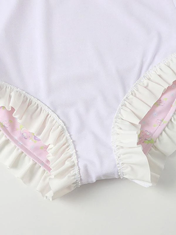 Sweet Lolita Swimsuits Pink Ruffles Floral Print Short Sleeves One Piece Hat - Image 10