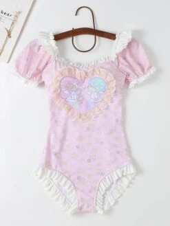 Sweet Lolita Swimsuits Pink Ruffles Floral Print Short Sleeves One Piece Hat