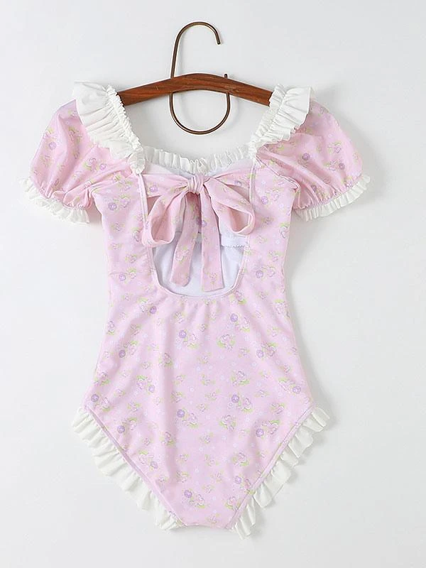 Sweet Lolita Swimsuits Pink Ruffles Floral Print Short Sleeves One Piece Hat - Image 2