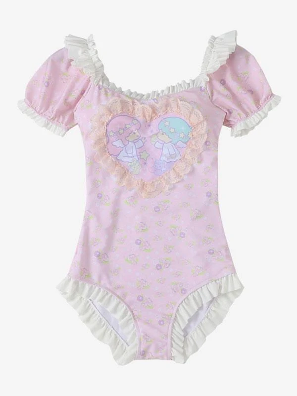 Sweet Lolita Swimsuits Pink Ruffles Floral Print Short Sleeves One Piece Hat - Image 3
