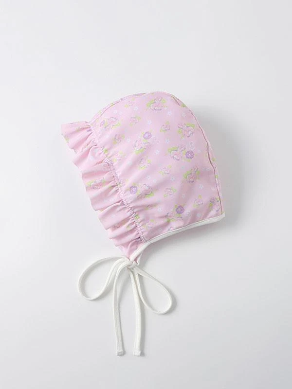 Sweet Lolita Swimsuits Pink Ruffles Floral Print Short Sleeves One Piece Hat - Image 4