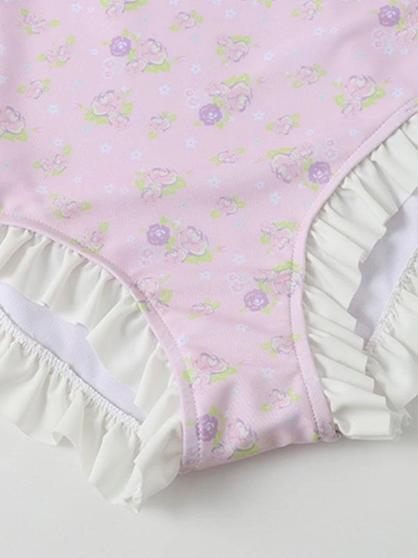 Sweet Lolita Swimsuits Pink Ruffles Floral Print Short Sleeves One Piece Hat - Image 9