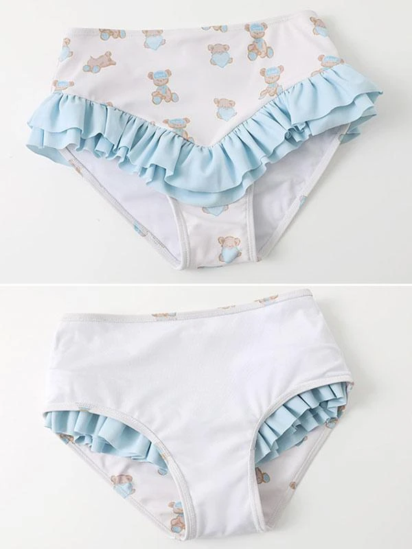 Sweet Lolita Swimsuits Light Sky Blue Ruffles Floral Print Sleeveless Skirt Pants Top - Image 10