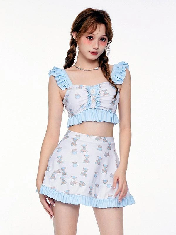 Sweet Lolita Swimsuits Light Sky Blue Ruffles Floral Print Sleeveless Skirt Pants Top
