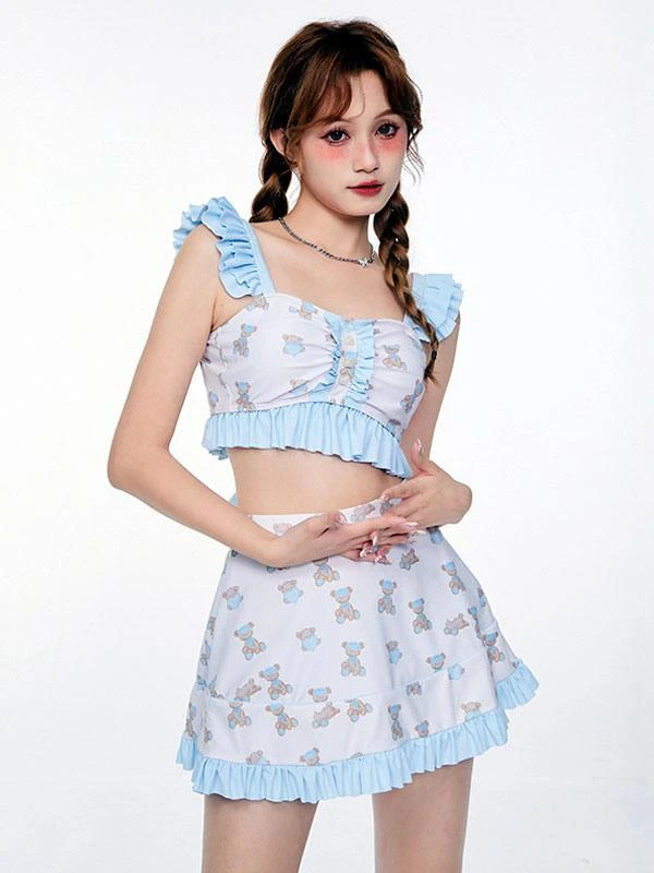Sweet Lolita Swimsuits Light Sky Blue Ruffles Floral Print Sleeveless Skirt Pants Top - Image 2