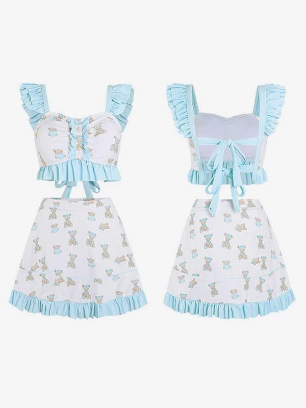 Sweet Lolita Swimsuits Light Sky Blue Ruffles Floral Print Sleeveless Skirt Pants Top - Image 6