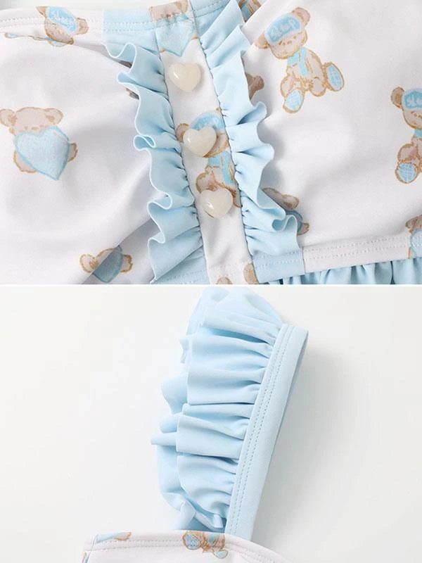 Sweet Lolita Swimsuits Light Sky Blue Ruffles Floral Print Sleeveless Skirt Pants Top - Image 7