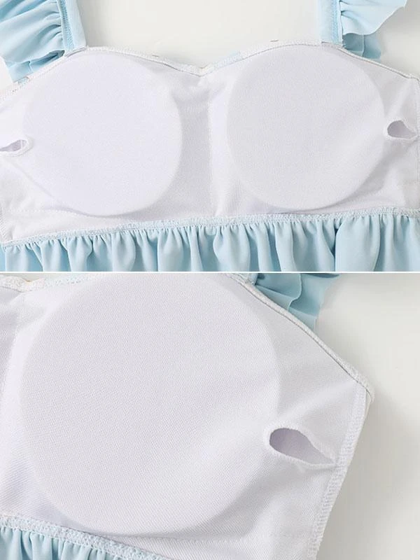 Sweet Lolita Swimsuits Light Sky Blue Ruffles Floral Print Sleeveless Skirt Pants Top - Image 8