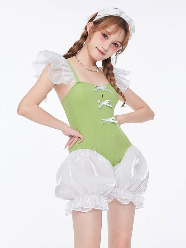 Sweet Lolita Swimsuits Green Bows Ruffles Sleeveless One Piece