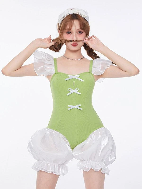 Sweet Lolita Swimsuits Green Bows Ruffles Sleeveless One Piece - Image 2