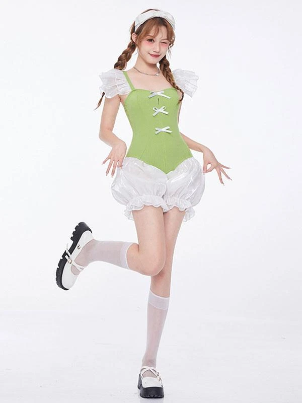 Sweet Lolita Swimsuits Green Bows Ruffles Sleeveless One Piece - Image 4